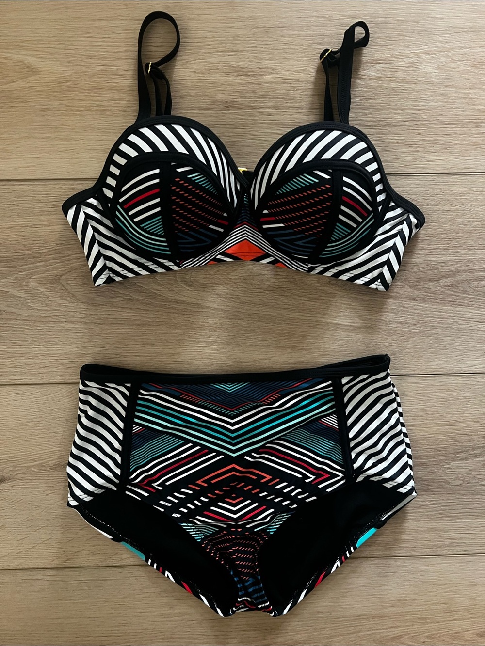 Swimsuits for All Black & Multicolor Striped High-Waist Bikini Set
